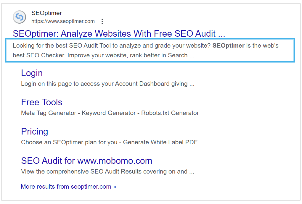 meta description in serp